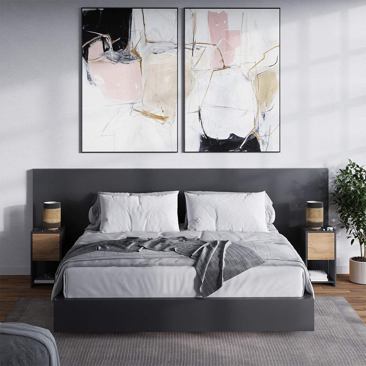 NACHTTISCH Evo Anthrazit/Goldkraft Eiche 2er Set - Anthrazit, Holzwerkstoff (30/55/30cm) - Vicco