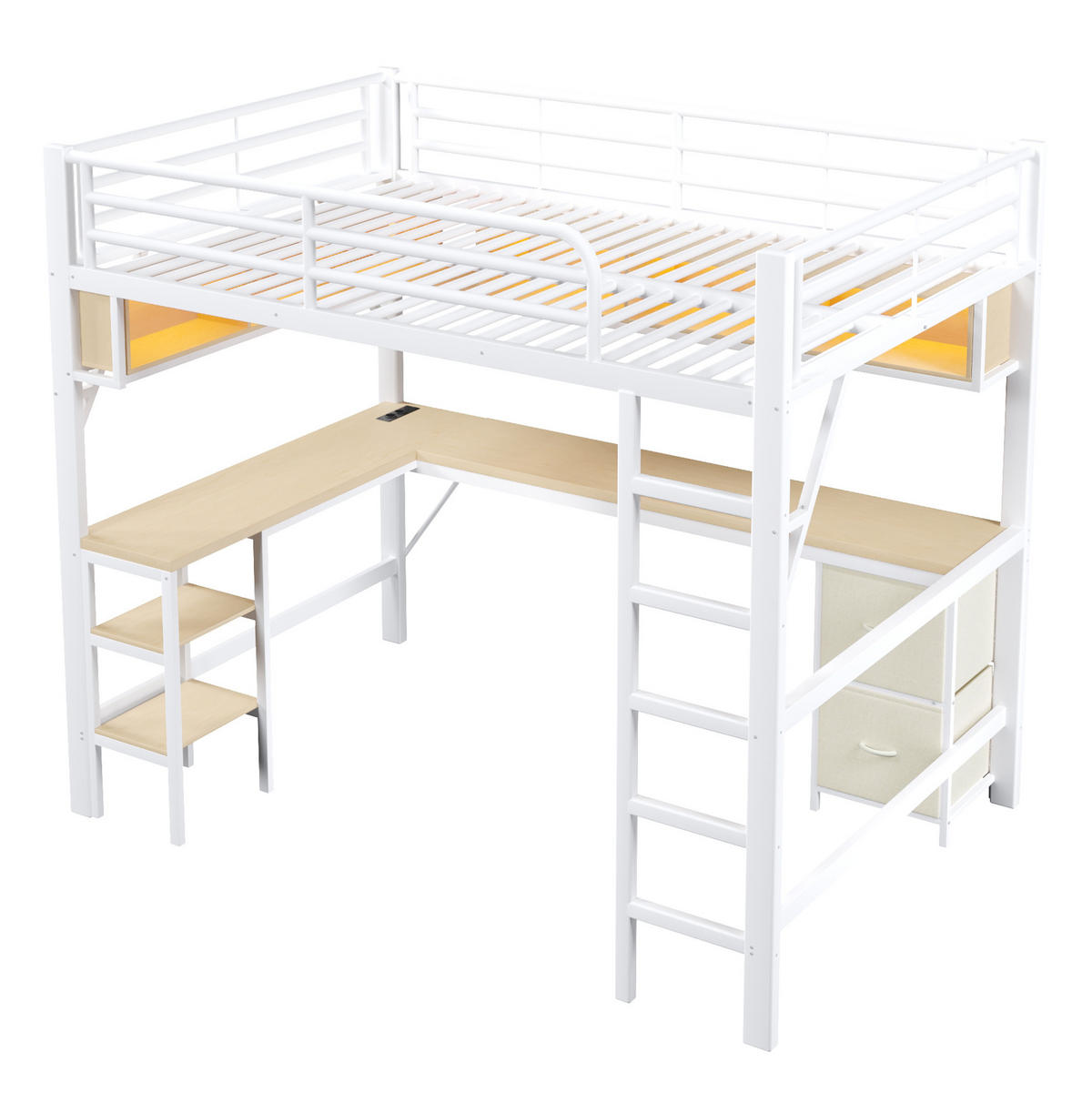 HOCHBETT 140/200 cm aus Metall und MDF mit Schreibtisch LED und USB Weiß - Weiß, Holzwerkstoff (140/200cm) - Modenvie