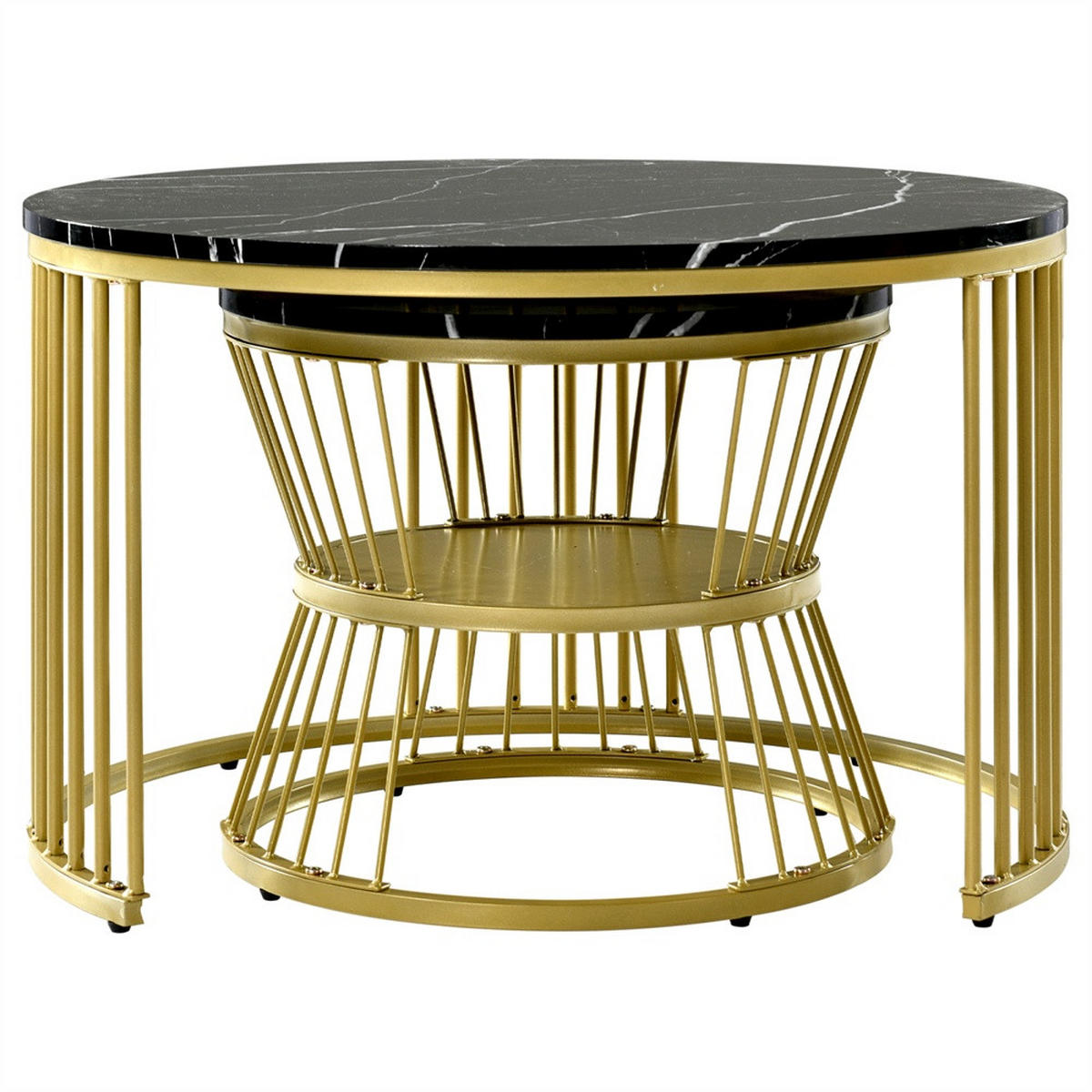 COUCHTISCH 2er Set - Runder Couchtisch 70 cm & 45 cm - Ineinander Schiebbar Marmoroptik - Gold & Schwarz - Schwarz, Holzwerkstoff (70/70/45.5cm) - DELFA