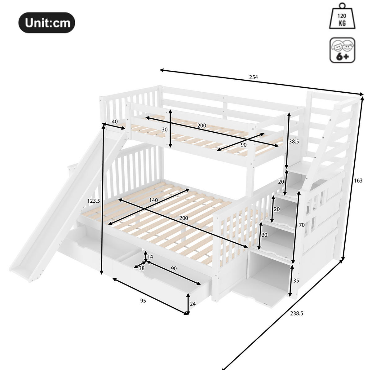 ETAGENBETT 90/200 über 140/200 cm mit Rutsche und Stauraum in Antikweiß - Weiß, Holzwerkstoff (90/200cm) - BEAOK