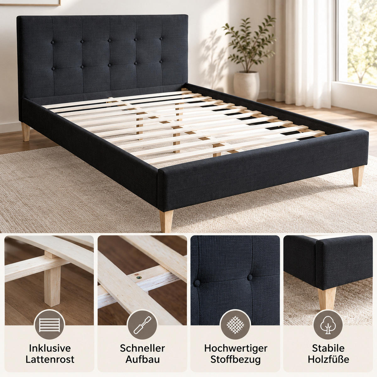 POLSTERBETT mit Lattenrost 140/200 cm in Schwarz - Schwarz, Textil (140/200cm) - Homestyle4u