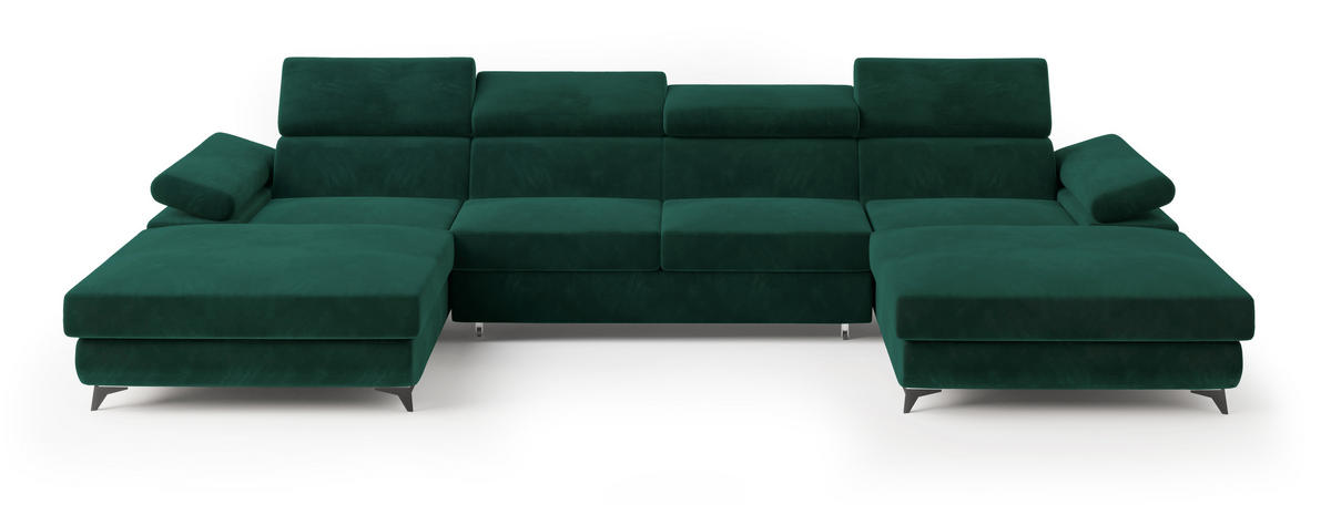 WOHNLANDSCHAFT DETTI Grün Velours-Stoff mit Schlaffunktion - Grün, Holz (339/89/190cm) - MASSENO