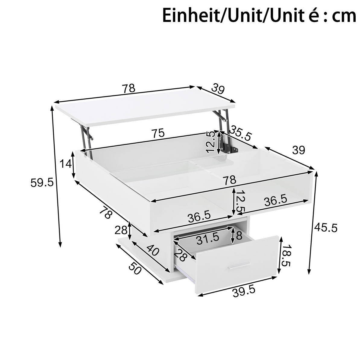 COUCHTISCH 78/78/59.5 cm Hochglanz mit LED-Beleuchtung höhenverstellbar - Weiß, Holzwerkstoff (78/78/59.5cm) - OKWISH