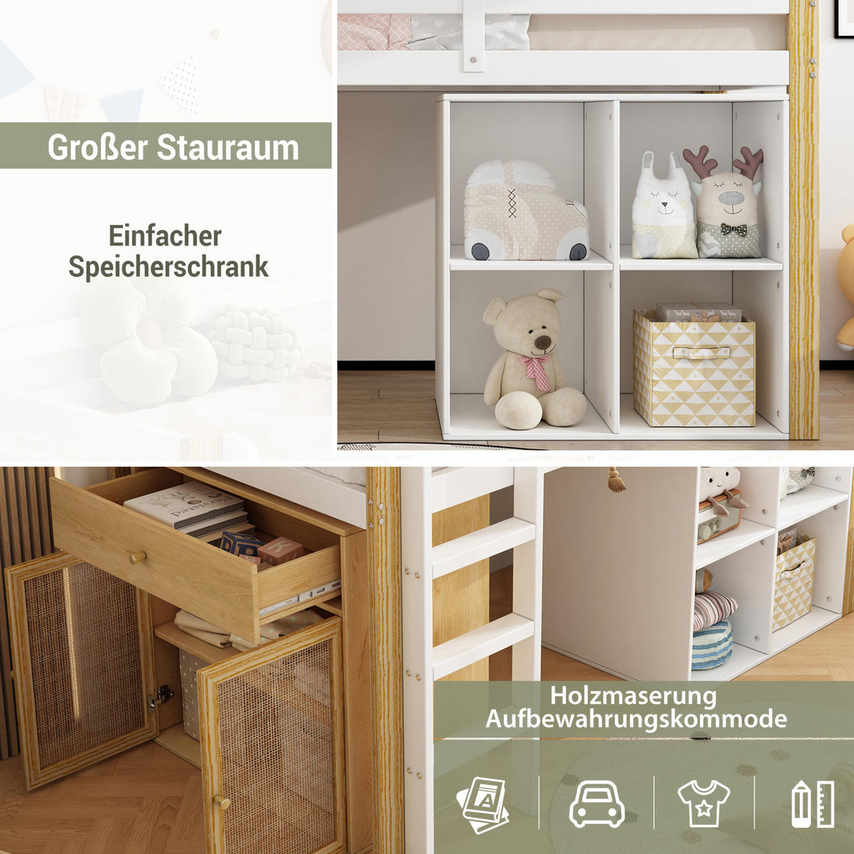 HOCHBETT 90/200 cm aus Massivholz mit 2 Aufbewahrungsschränken und Leiter Natur/Weiß - Weiß, Holz (90/200cm) - Modenvie