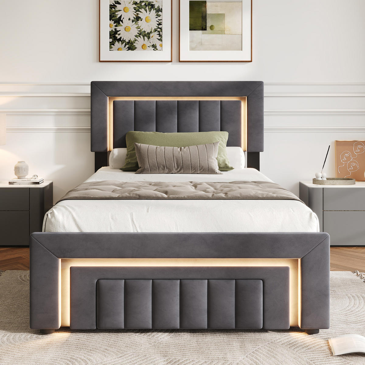 POLSTERBETT 90/200 mit Bettkasten und Schubladen , mit LED, ohne Matratze - Grau, Holzwerkstoff/Textil (90/200cm) - STILVORA