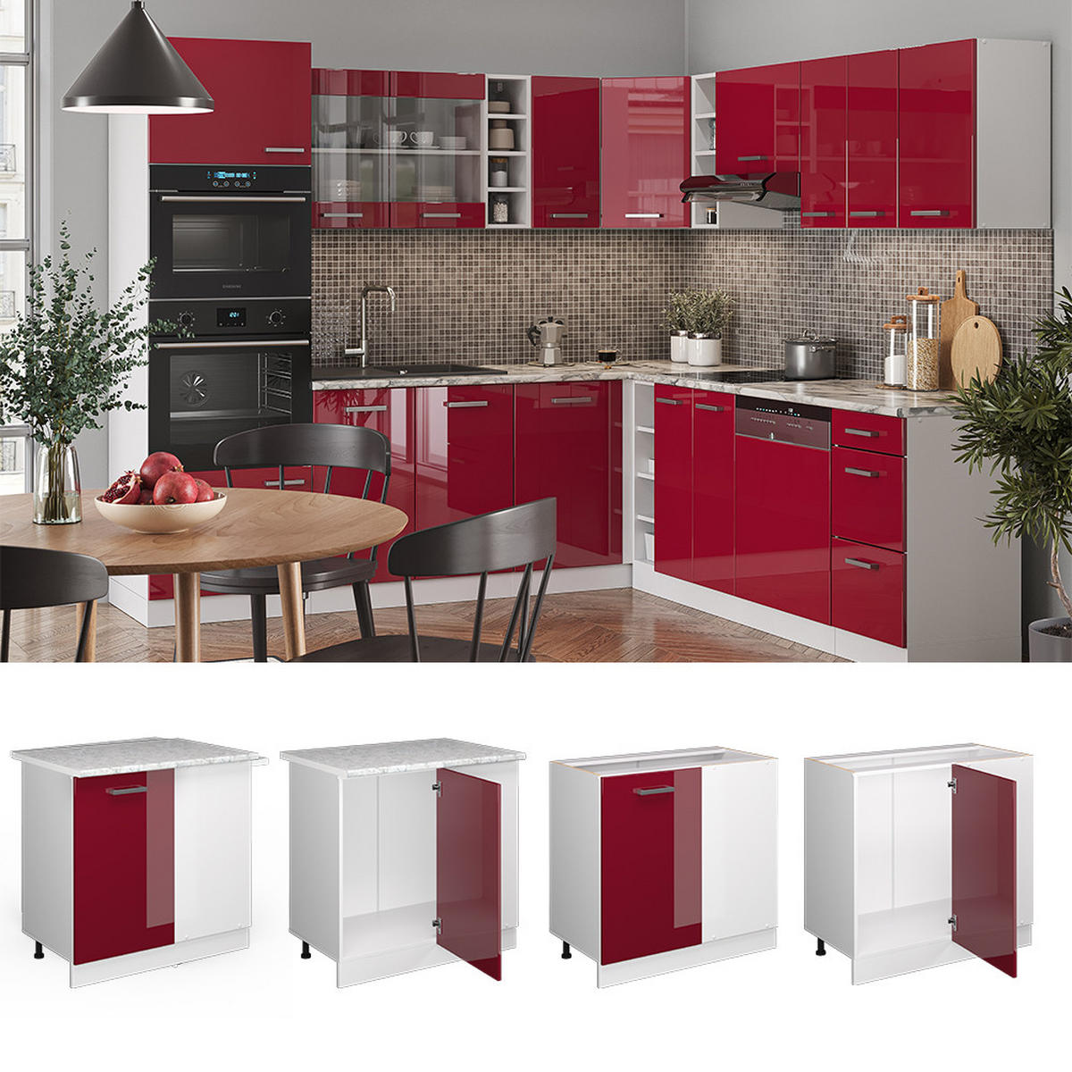 ECKUNTERSCHRANK R-Line Rot Hochglanz 86 cm , AP Marmor - Bordeaux/Rot, Holzwerkstoff (86/81.6/60cm) - Vicco