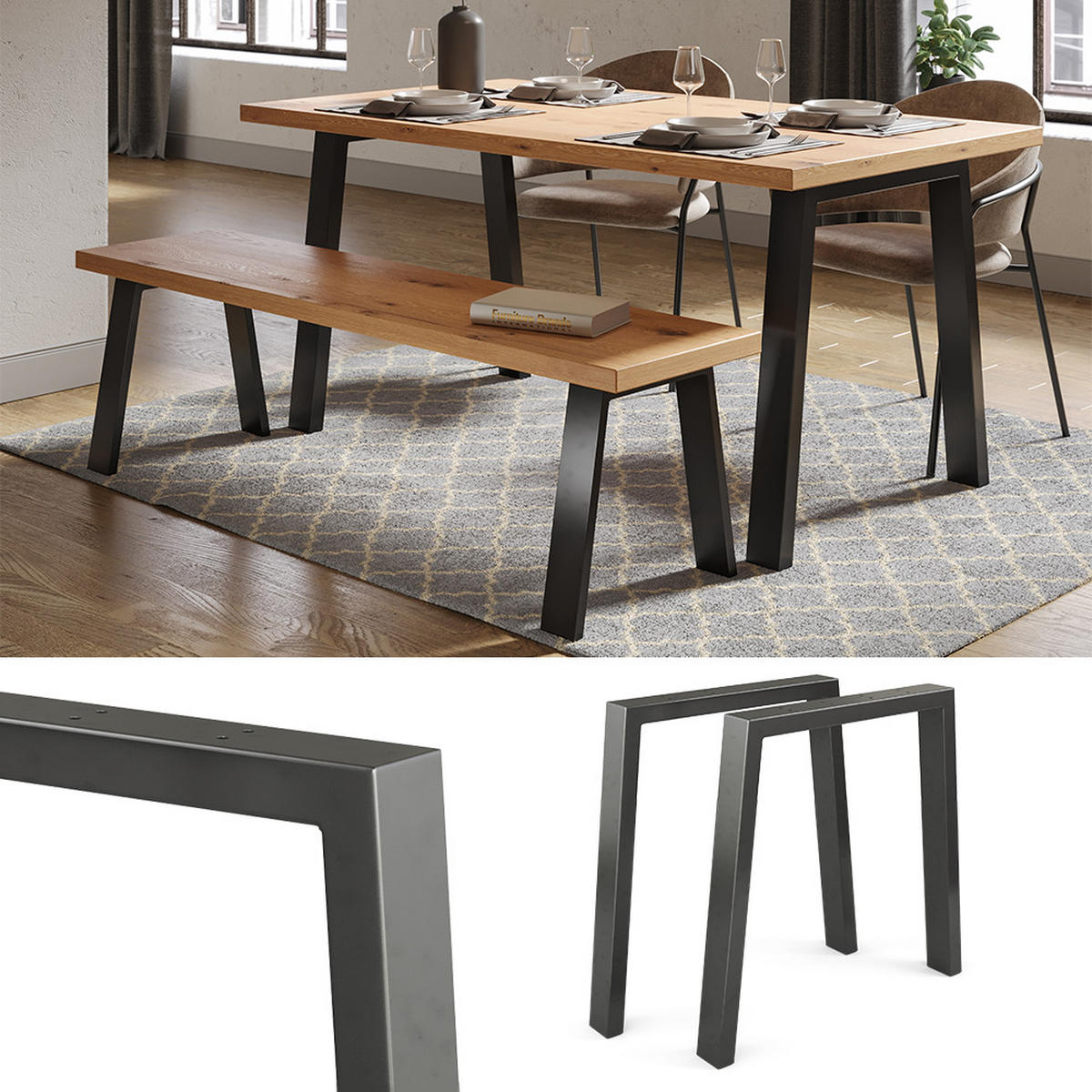 TISCHBEINE Schwarz 75 x 72 cm U-förmig - Schwarz, Metall (75/72/8cm) - Vicco