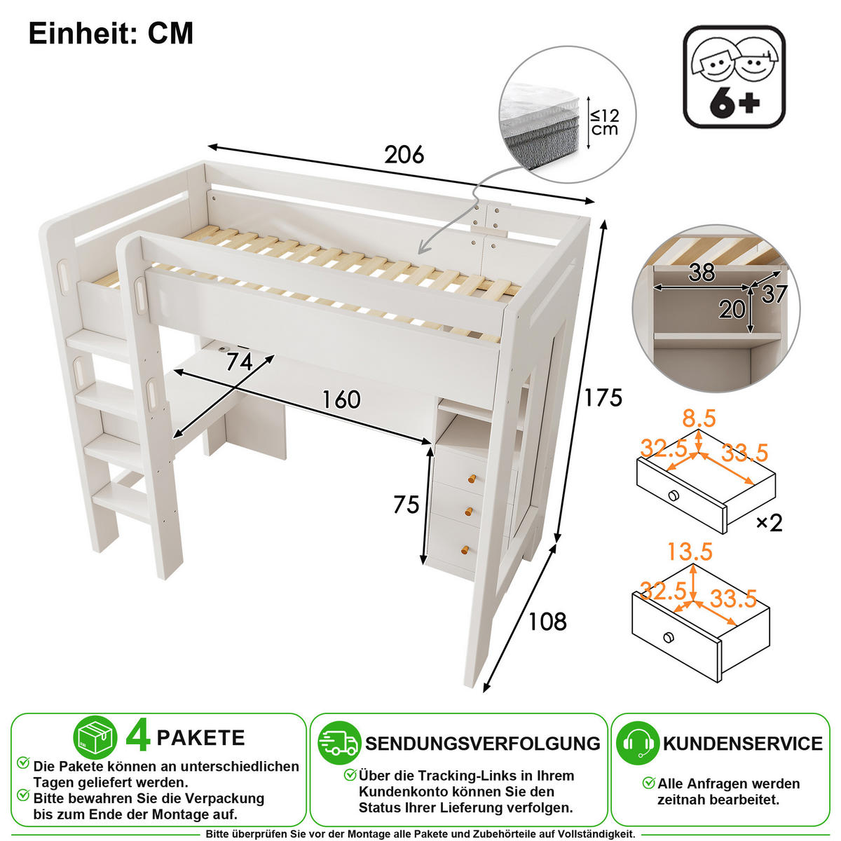 VYVÝŠENÁ POSTEL 90/200 cm v bílé barvě se stolem, policemi, zásuvkami a USB - bílá, dřevo/kompozitní dřevo (90/200cm) - CHICFURN