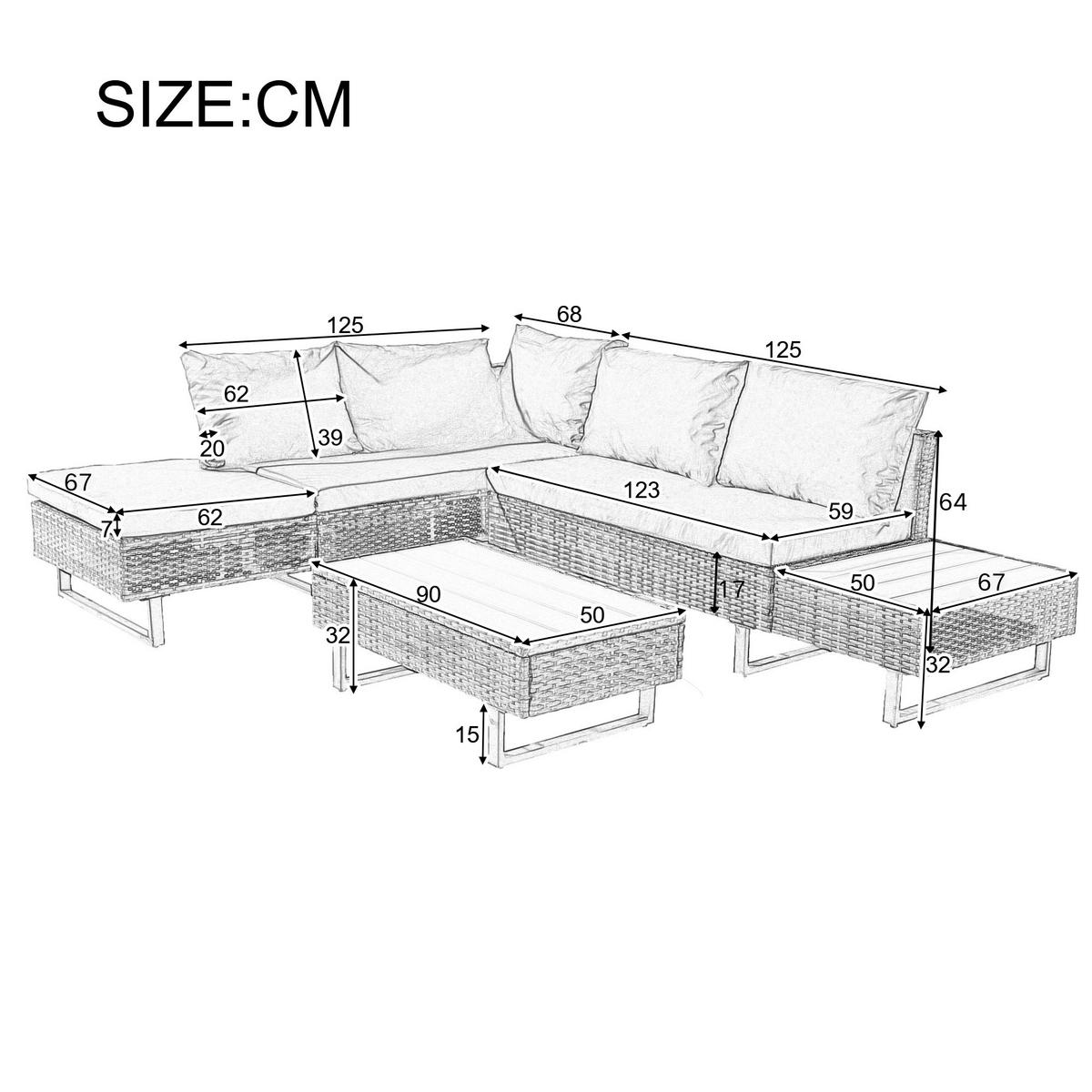 GARTENSET 243x187x64cm grau aus Rattan und Stahl, verstellbar und modular - Grau, Metall - Modfu