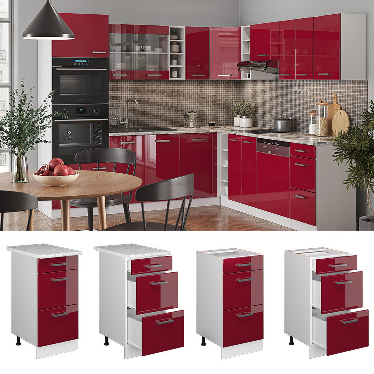 KÜCHENUNTERSCHRANK R-Line Bordeaux Hochglanz 40 cm mit Schubladen AP Anthrazit - Bordeaux/Weiß, Holzwerkstoff (40/81.6/60cm) - Vicco