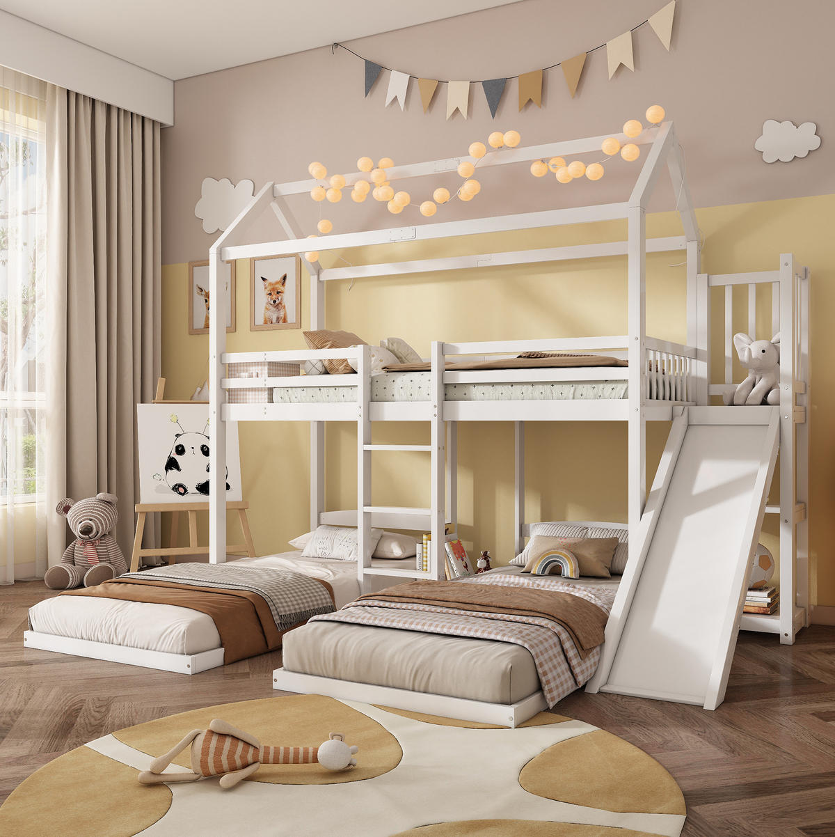 ETAGENBETT aus Kiefernholz und MDF 90x200 cm Weiß mit Rutsche, Leiter und 3 Schlafplätzen - Weiß, Holzwerkstoff (90/200cm) - IVMEU