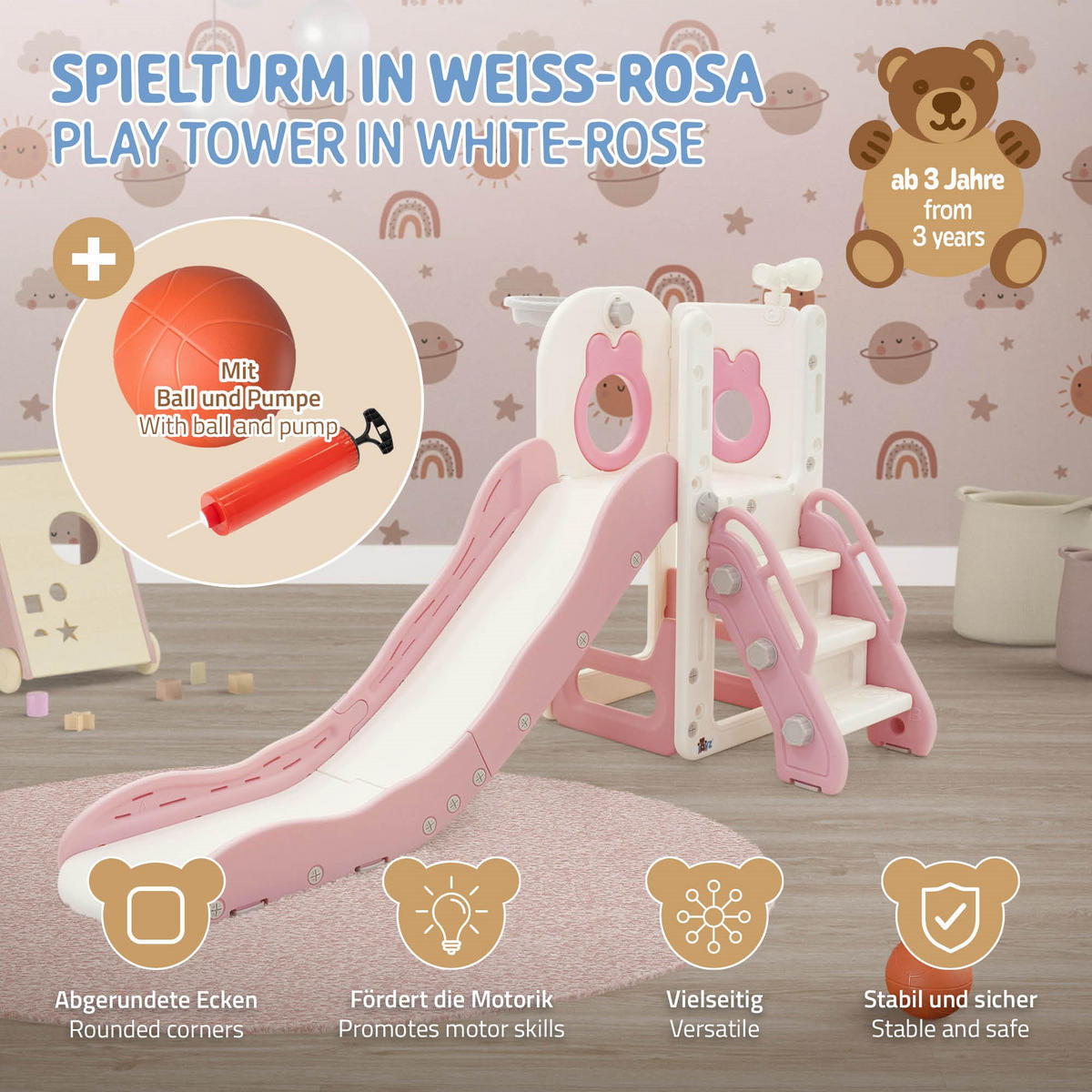 KINDERRUTSCHE Weiß-Rosa aus Kunststoff - Rosa, Kunststoff (91/90/162cm) - Joyz