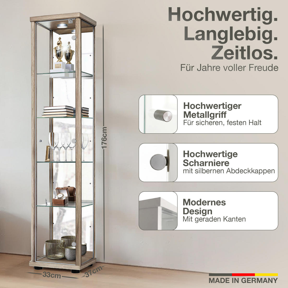 GLASVITRINE 33/37/176 cm mit Spiegel, LED, Schloss & 4 höhenverstellbaren Glasböden - Transparent/Silberfarben, Glas/Holzwerkstoff (37/176/33cm) - K-Möbel