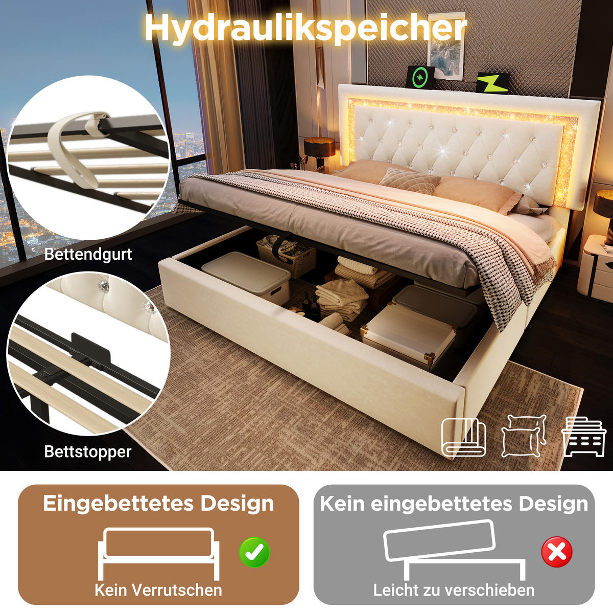 POLSTERBETT 160/200 cm Beige aus Samt mit Stauraum und LED-Beleuchtung mit Matratze - Beige, Textil (160/200cm) - OKWISH