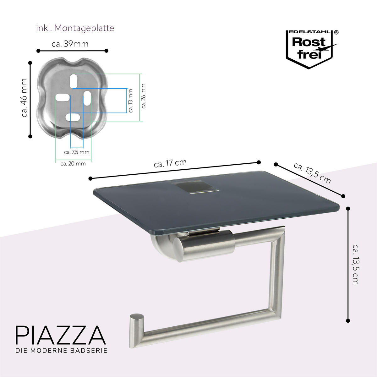TOILETTENPAPIERHALTER PIAZZA mit Glasablage, Edelstahl - Grau, Metall (17/13.4/13.5cm) - bremermann