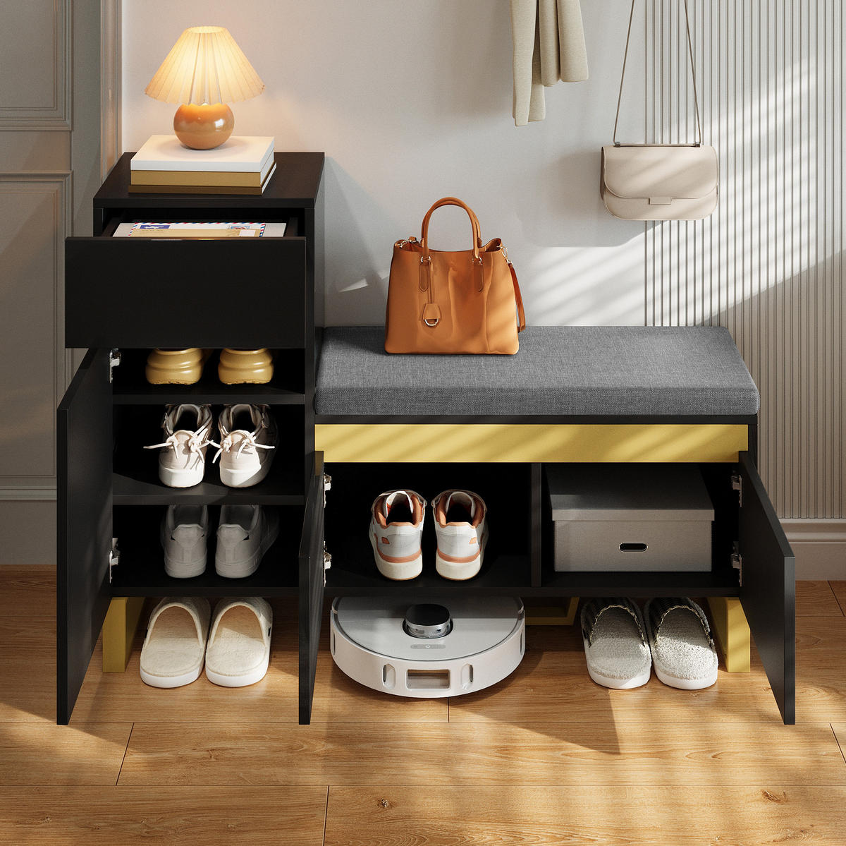 SCHUHSCHRANK 120/85/35 cm Schwarz aus MDF mit Sitzkissen - Schwarz, Holzwerkstoff (120/85/35cm) - OKMYHOME