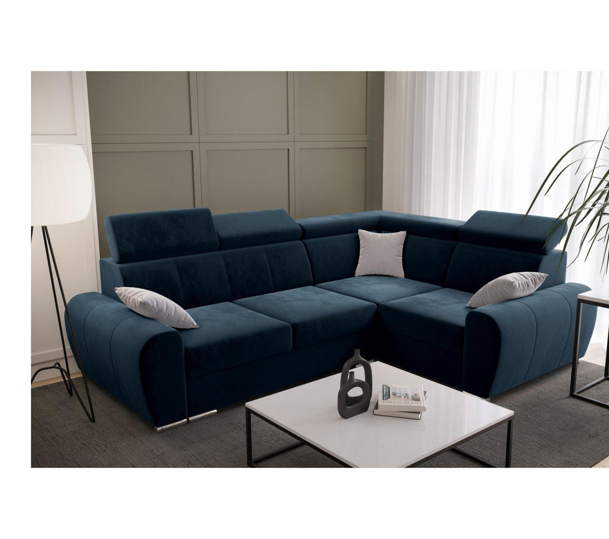 ECKSOFA APOLLO KN08, Eckcouch in L-Form mit Schlaffunktion, Farbe: Blau, Velourstoff, Ottomane Rechts - Blau, Textil (255/190cm) - O-Sofa