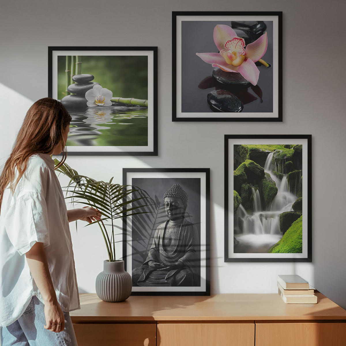WANDBILDER 4er-Set - 50x50 cm & 40x60 cm Schwarzer Rahmen - Zen-Gemälde, Wassersteine, Buddha - Schwarz, Kunststoff (50/50cm) - ArtPrintCave