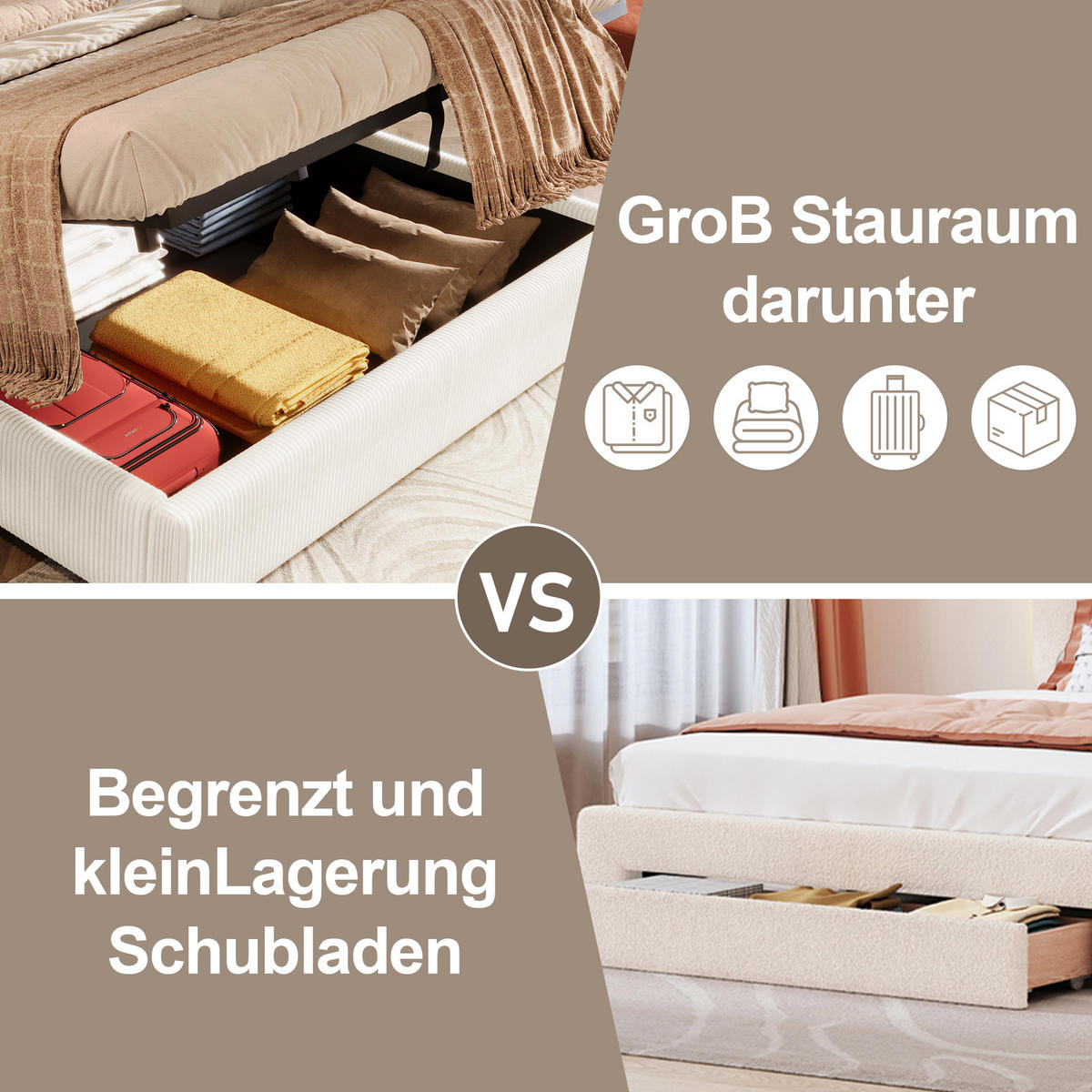 POLSTERBETT 180/200 cm Beige mit LED-Beleuchtung und hydraulischem Stauraum - Beige, Textil (180/200cm) - OKWISH