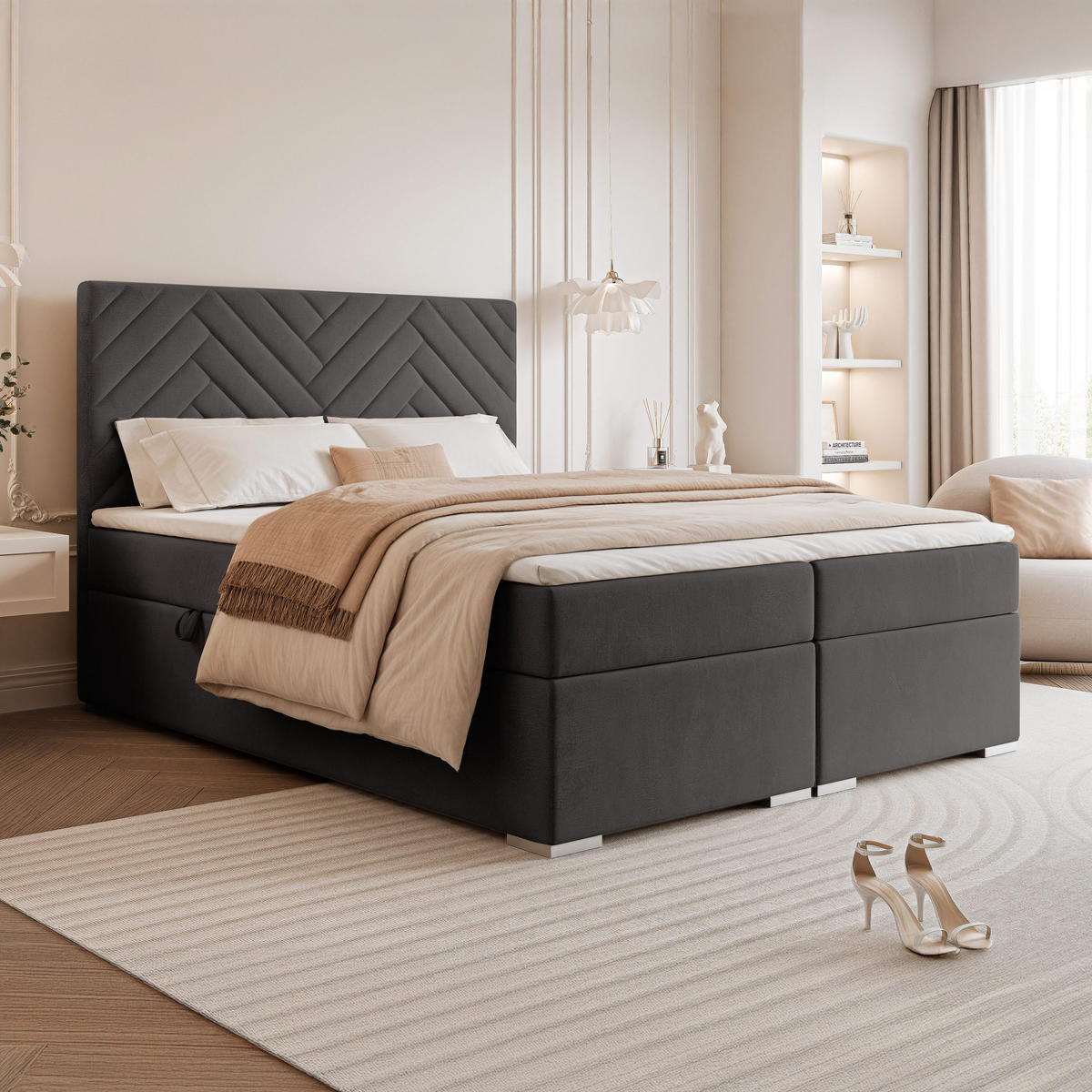 BOXBETT NEREA 160/200 cm mit Matratze und Topper, Grau - Grau, Textil (160/200cm) - Idohome