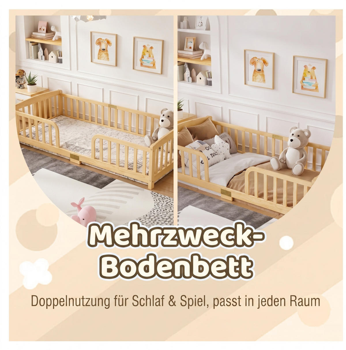 BODENBETT 90x200 cm in Natur mit Schutzgeländer und mittigem Einstieg - Naturfarben, Holz (90/200cm) - IVMEU