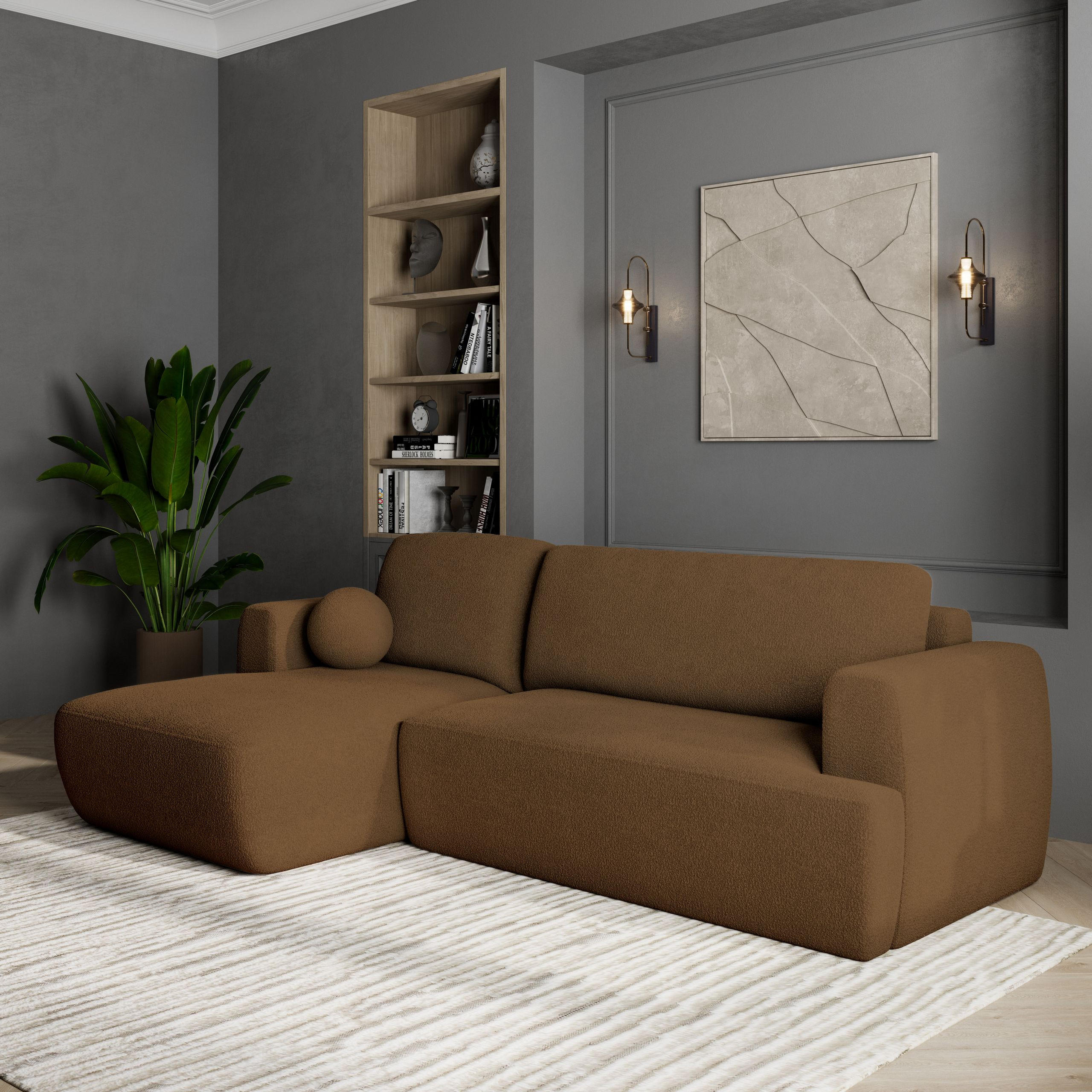 ECKSOFA SENTI N L-S Braun Boucle-Stoff mit Schlaffunktion - Braun, Holz (246/148cm) - MASSENO