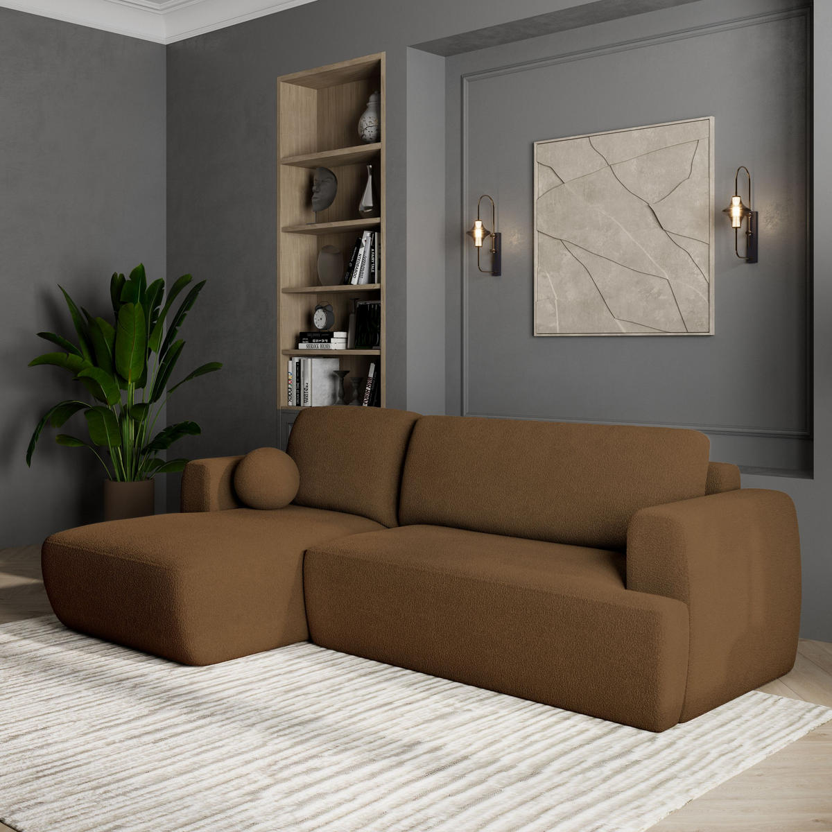 ECKSOFA SENTI N L-S Braun Boucle-Stoff mit Schlaffunktion - Braun, Holz (246/148cm) - MASSENO