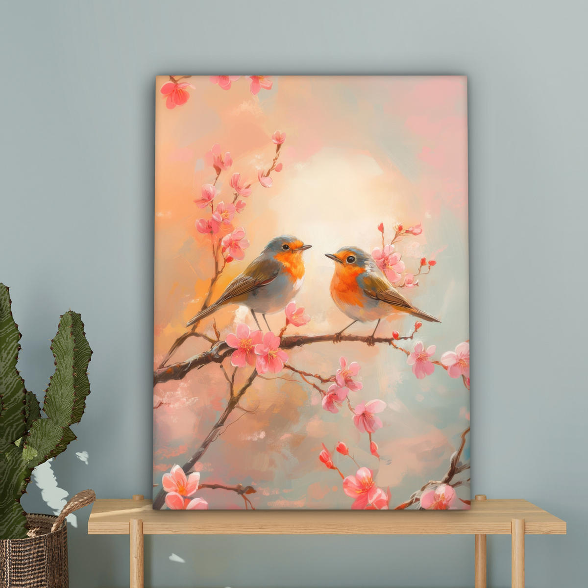 LEINWANDBILD Rotkehlchen - Zierpflanze - Blütenzweig Wandbild Wohnzimmer 60x80 cm - Hellrosa, Textil (60/80cm) - MuchoWow