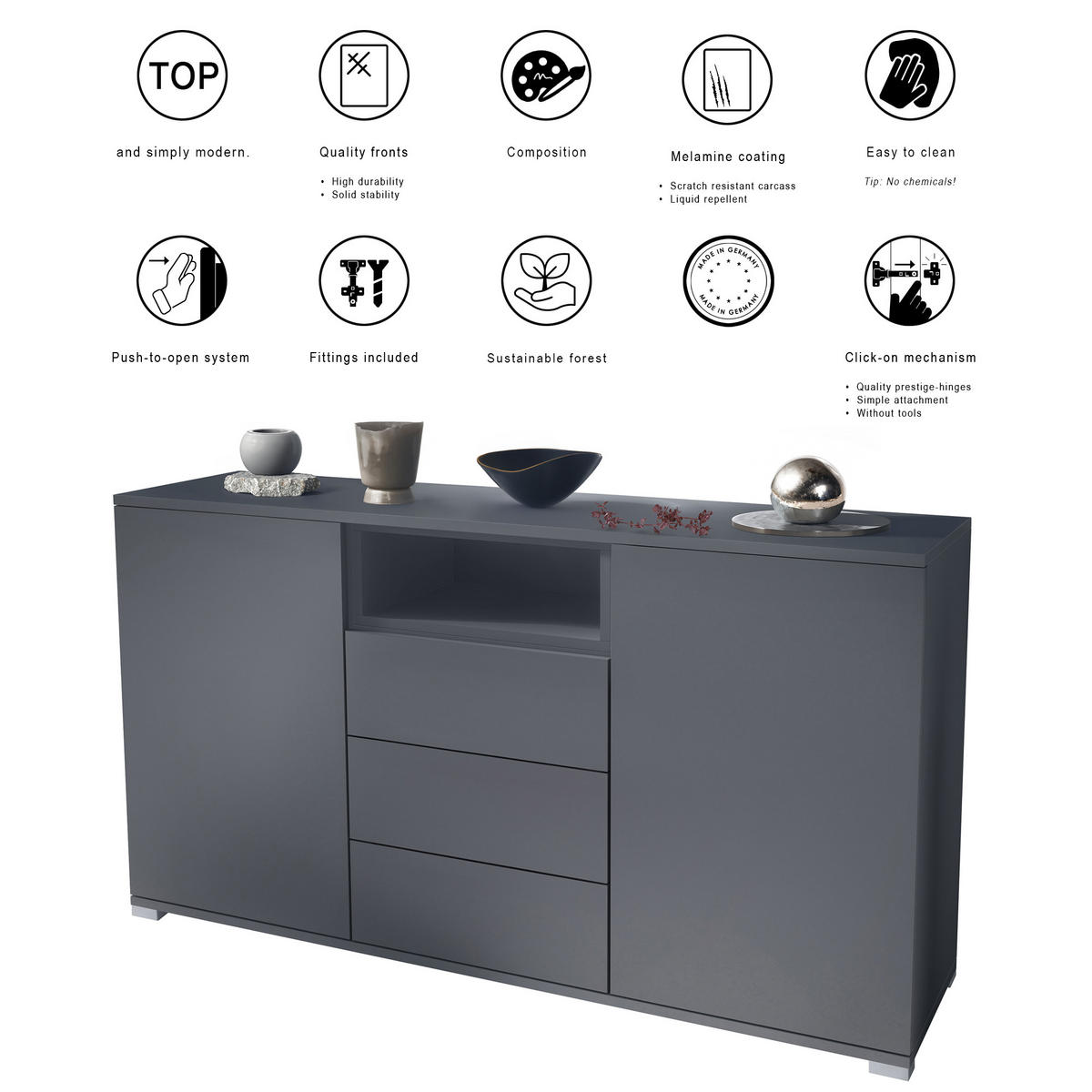 SIDEBOARD Skadu Schwarz matt - Schwarz, Holzwerkstoff (138.5/75.5/35cm) - Vladon