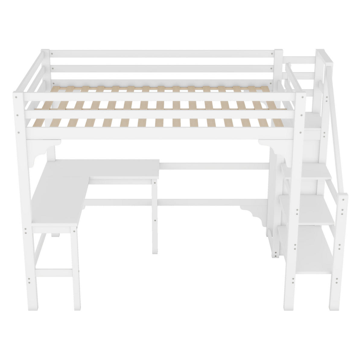 HOCHBETT aus Kiefernholz und MDF 140x200 cm Weiß mit L-förmigem Schreibtisch, offenem Kleiderschrank und Stauraumtreppe - Weiß, Holzwerkstoff (90/200cm) - Modfu