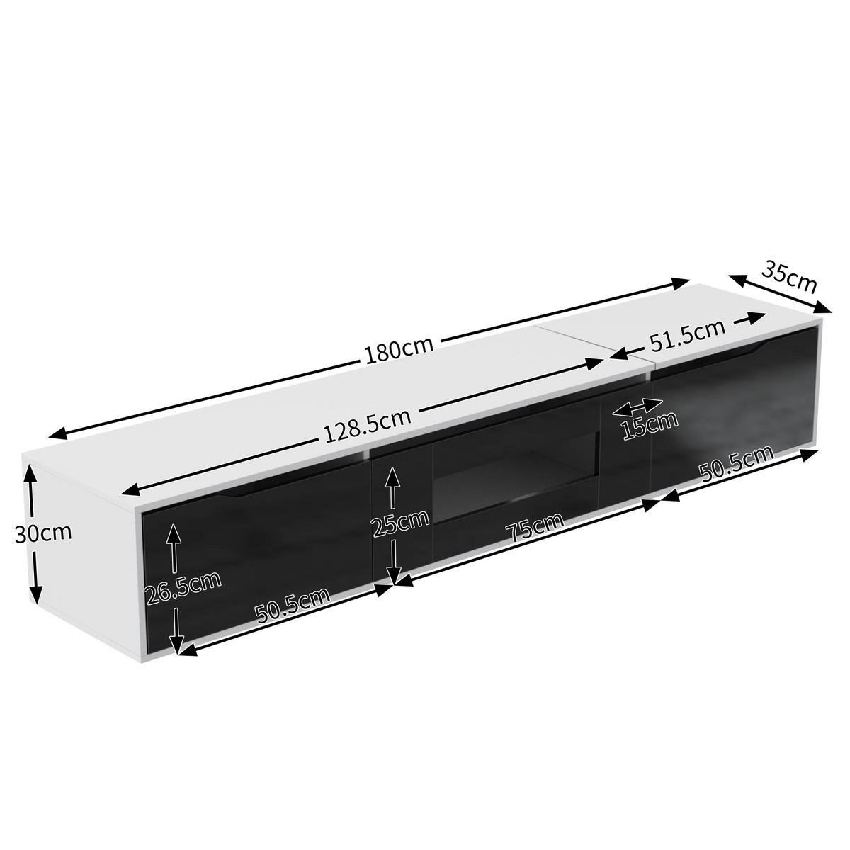 TV-SCHRANK 180/30/35 cm weiß Hochglanz mit LED-Beleuchtung, 16 Farben - Schwarz, Holzwerkstoff (180/35/30cm) - OKWISH