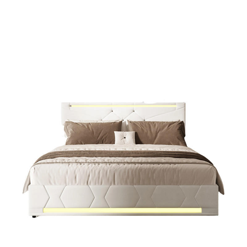 SHOPENTRA ČALOUNĚNÁ postel 160x200 cm béžová lněná LED USB bed box