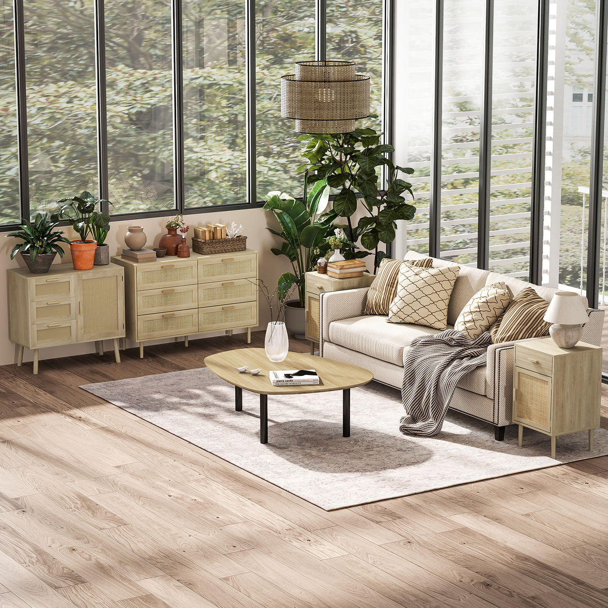 KOMOODE DE-12829 6 Schubladen mit Rattan Hellholz - Naturfarben, Holzwerkstoff (110/75/40cm) - ComfortXL
