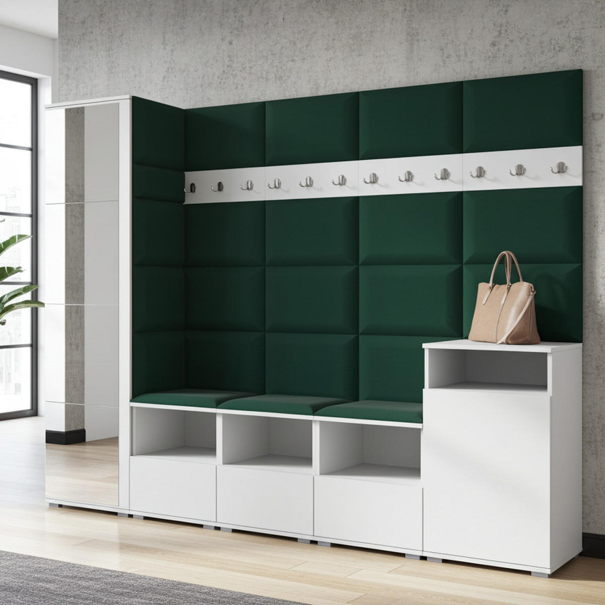 GARDEROBE NELA XI 250 cm (Modulare Flurmöbel Weiß mit Spiegel & Sitzpolster Flaschengrün 28 Großes Set) - Dunkelgrün/Silberfarben, Holz/Holzwerkstoff (250/187/40cm) - Ravio