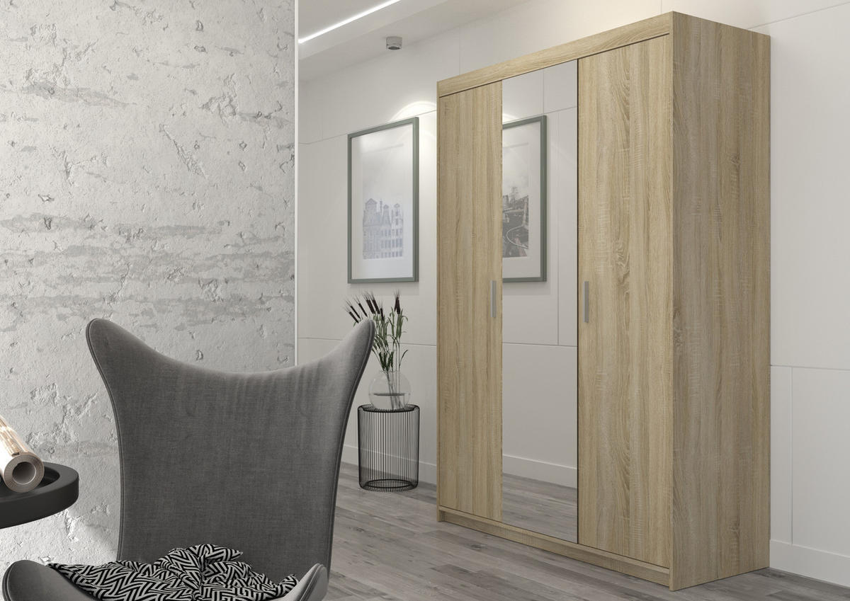 KLEIDERSCHRANK Storicos Sonoma Eiche 133/190,5/53 cm - Modern mit Spiegel 3-türig - Beige, Holzwerkstoff/Kunststoff (133/190.6/53cm) - AX Living