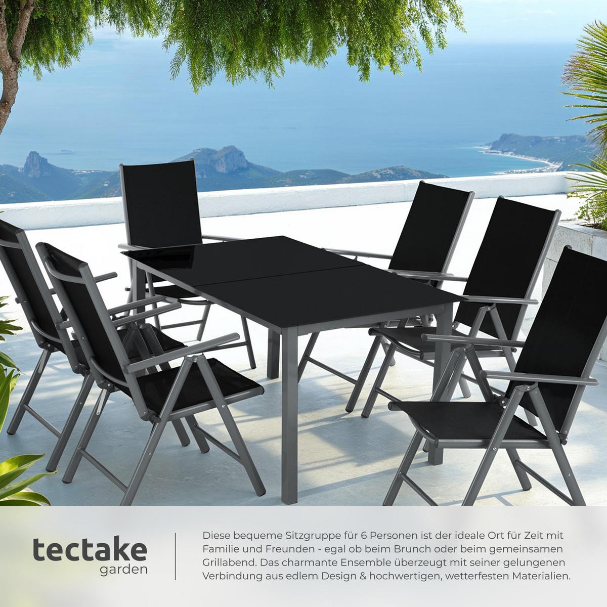 SITZGRUPPE Ercolano,Tisch mit Sicherheitsglasplatten und Ausgleichsschrauben,anthrazit - Anthrazit, Naturmaterialien/Kunststoff - tectake