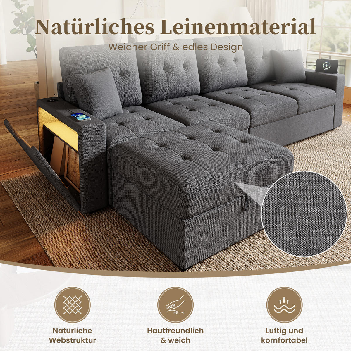 ECKSOFA 253/144.5/80.7 cm Antikgrau mit Aufbewahrungshocker, LED Stimmungslicht und Stauraum - Grau, Kunststoff/Textil (253/144.5cm) - Oxeza