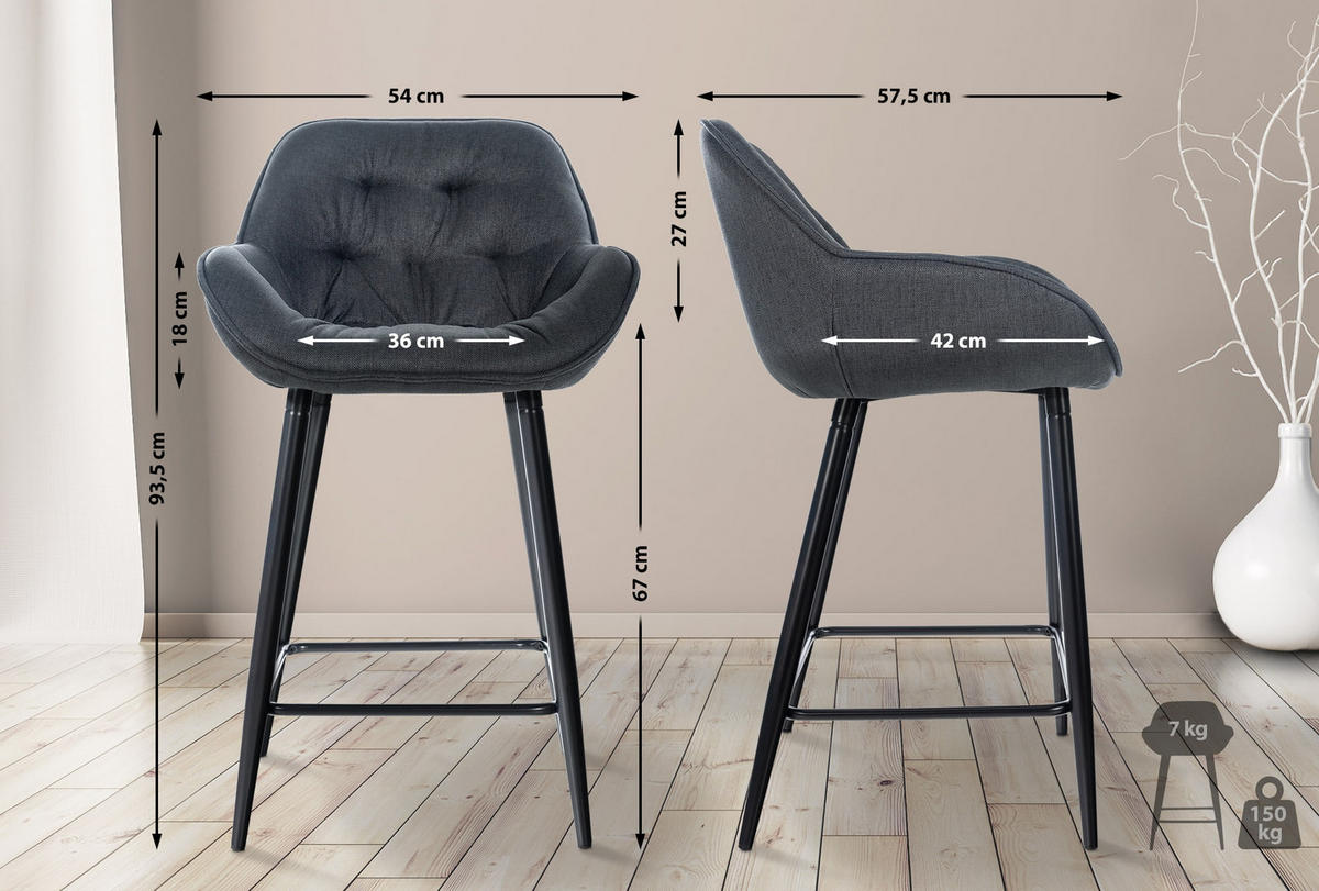 BARHOCKER 2er Set Stoff dunkelgrau - Dunkelgrau/Schwarz, Textil/Metall (54/93.5/57.5cm) - CLP
