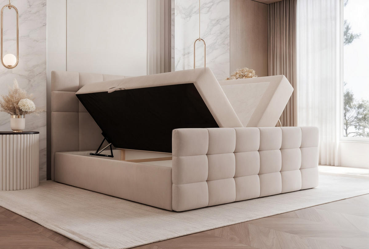 BOXBETT M5 120x200 cm Dream Velvet Bettkasten + Topper - Beige, Holz/Textil (120/200cm) - Comfortic
