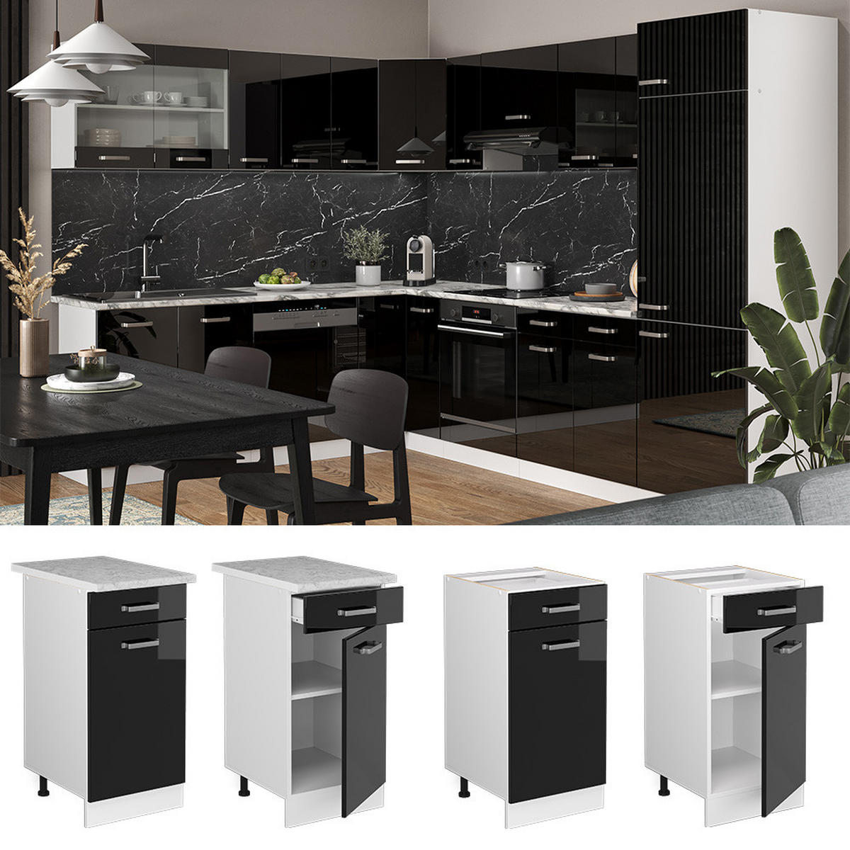 KÜCHENUNTERSCHRANK R-Line Schwarz Hochglanz 40 cm ohne Arbeitsplatte - Schwarz Hochglanz/Schwarz, Holzwerkstoff (40/81.6/46cm) - Vicco