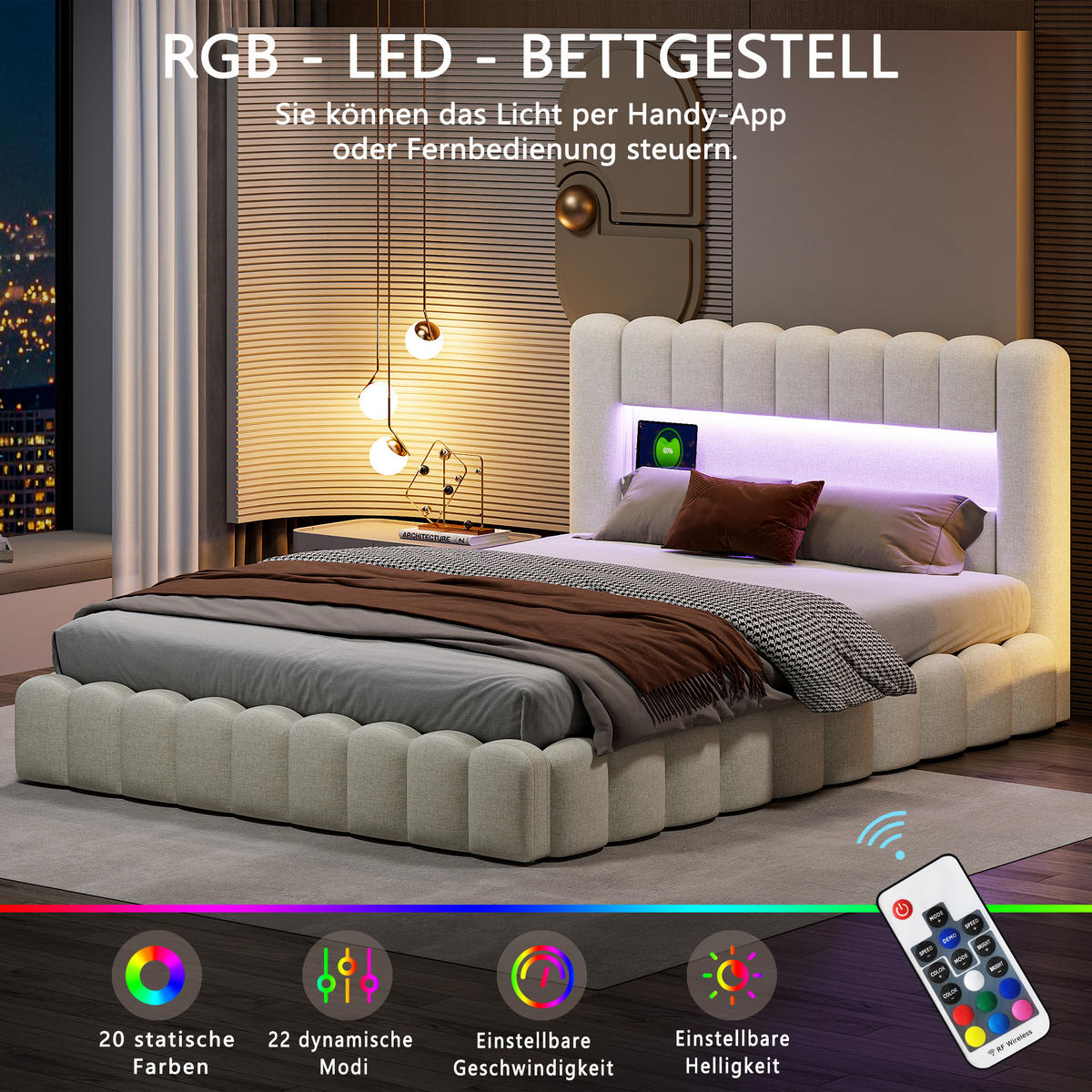 STAURAUMBETT 140x200 cm Doppelbett, mit USB-Anschluss und LED-Beleuchtung, Leinenstoff in Beige - Beige, Holz (140/200cm) - BRILVERDE