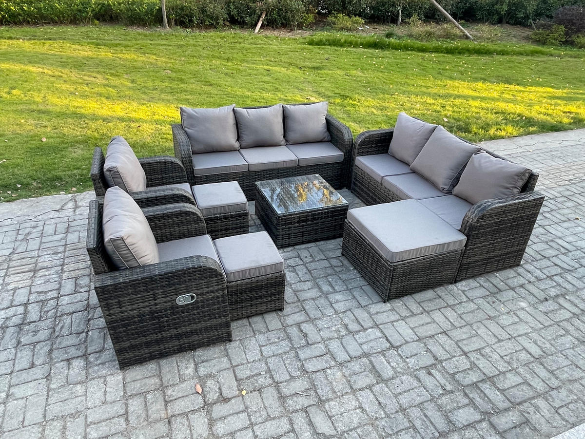 GARTENTISCHGRUPPE Polyrattan Dunkelgrau 8-teilige - Dunkelgrau/Grau, Glas/Kunststoff - Fimous