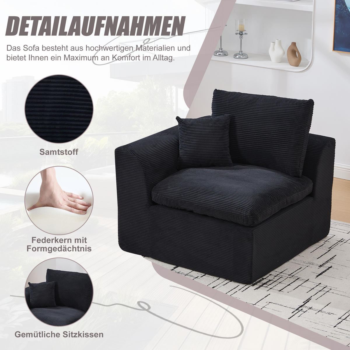 SESSEL Cord-Sofa mit Federkern-Polsterung und Kissen, Montagefrei - Schwarz, Textil (101/84/102cm) - Urban Meuble