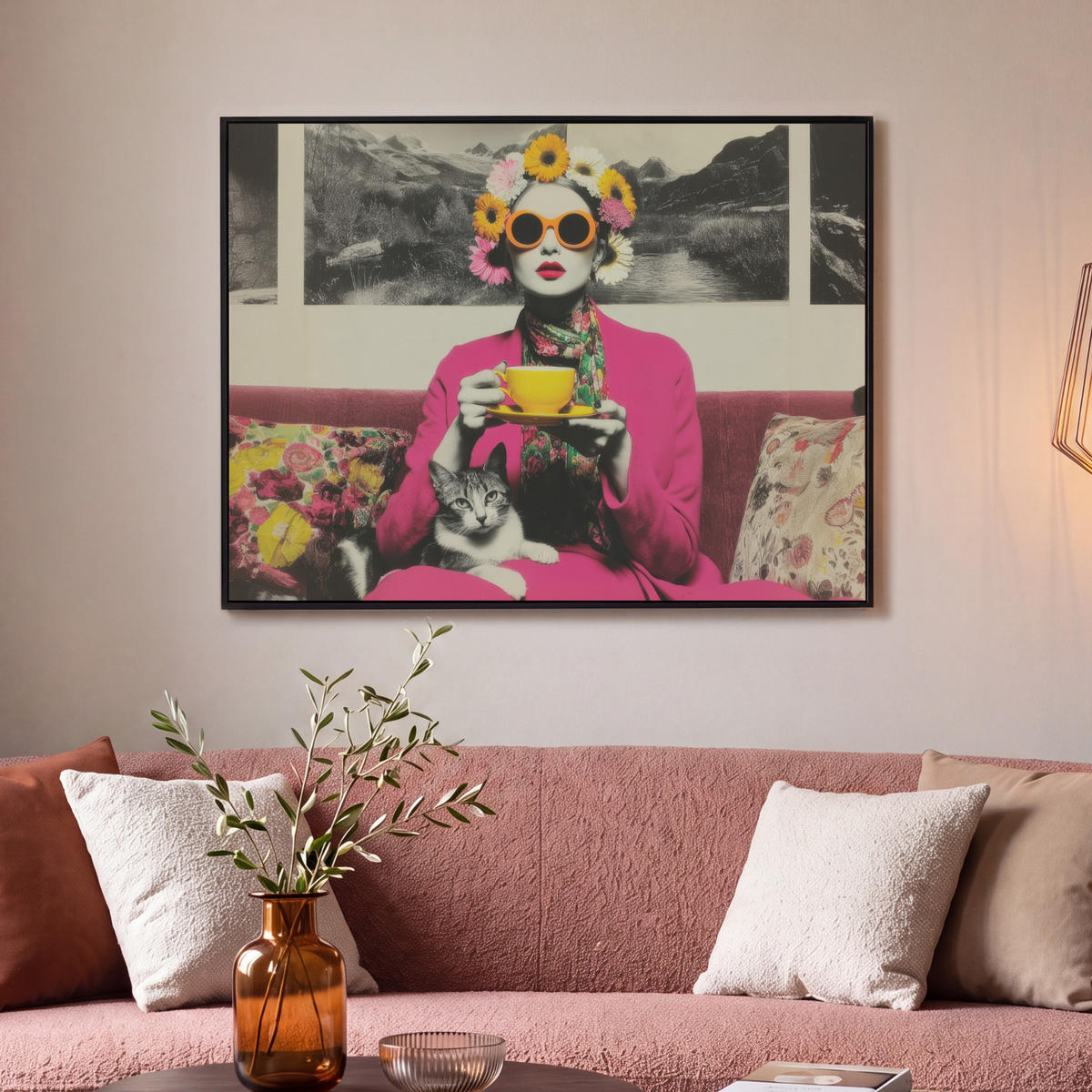 LEINWAND Bilder mit Rahmen - Frau - Katze - Blumen - Tasse - Retro - 100x70 - Magenta, Textil (100/70cm) - MuchoWow