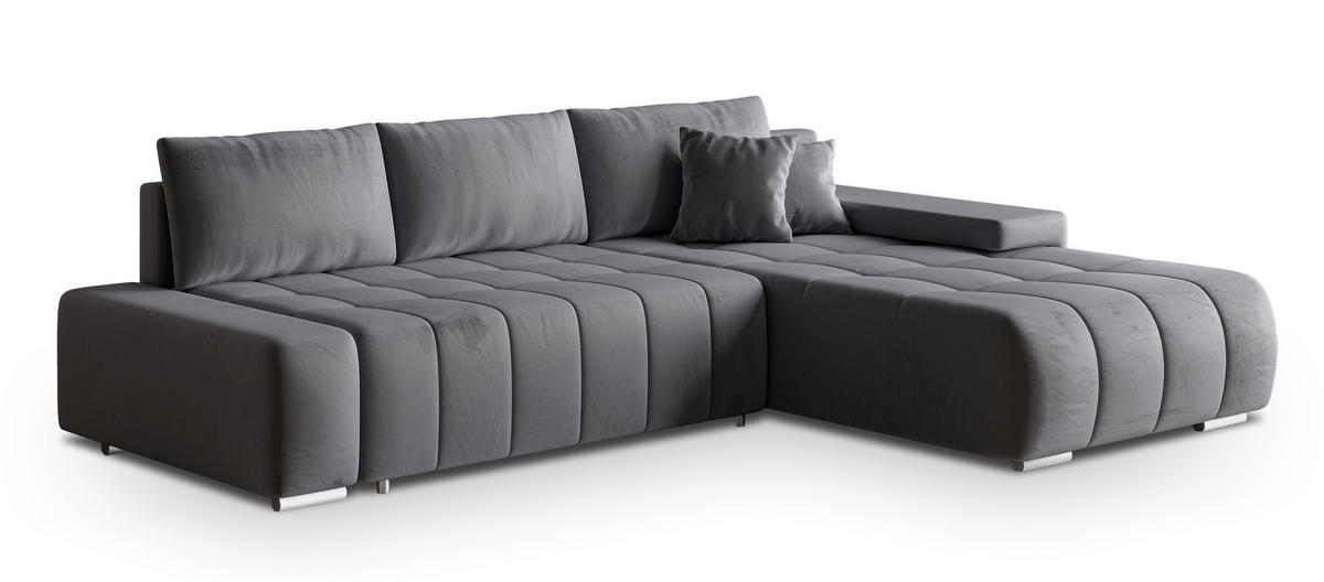 ECKSOFA ALESE R-S Grau Velours-Stoff mit Schlaffunktion - Grau, Holz (265/185cm) - MASSENO