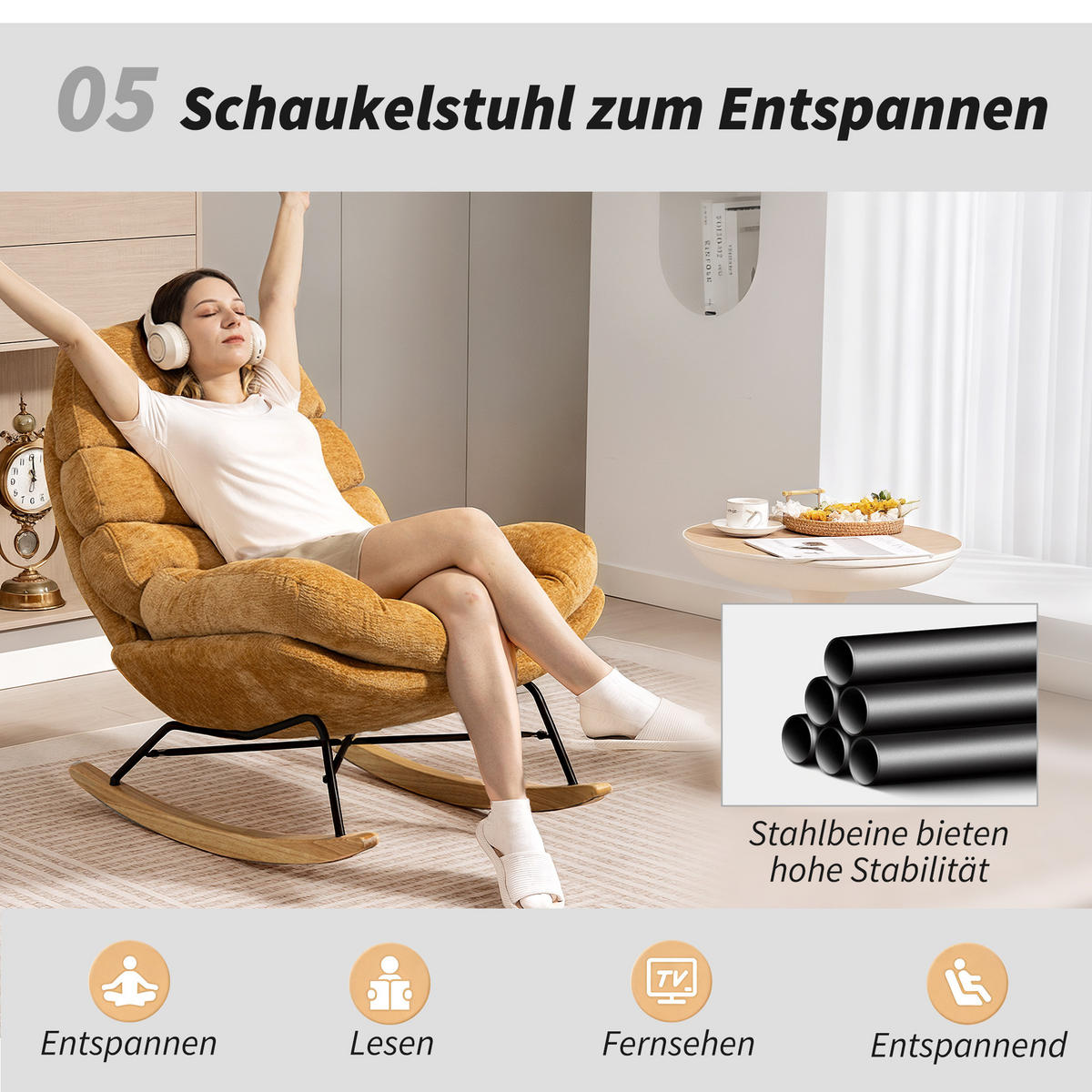 SCHAUKELSTUHL Schaukelsessel Schneidersitz mit Rückenlehne Chenille-Optik - Gelb/Creme, Textil (80/91/103cm) - HOMCOM