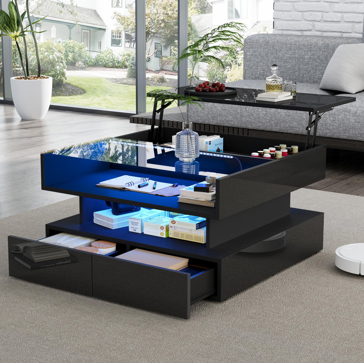 COUCHTISCH höhenverstellbar 80 x 80 cm Schwarz mit LED und 2 Schubladen - Schwarz, Holzwerkstoff (80/80/45cm) - Meubliv