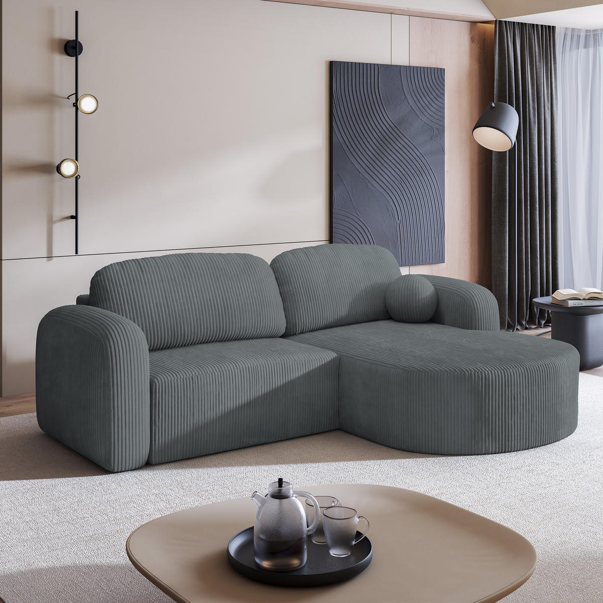 ECKSOFA AMILIA P R-S Grau Kordstoff mit Schlaffunktion - Grau, Holz (263/174cm) - MASSENO