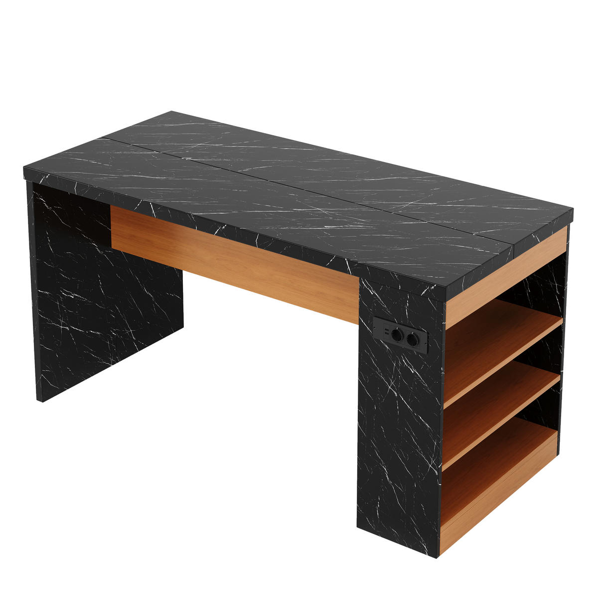 KÜCHENINSEL 90 cm MDF Schwarz Natur mit LED-Beleuchtung und USB-Steckdose - Schwarz, Holzwerkstoff (80/90/155cm) - Korfee