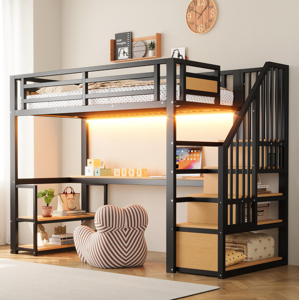 HOCHBETT 90/200 cm aus Metall mit Schreibtisch, Regalen und Leiter, Schwarz - Schwarz, Metall (90/200cm) - OKMYHOME